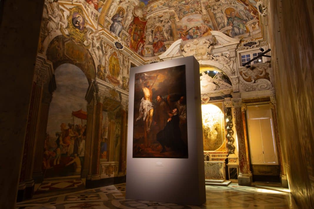 Antoon van Dyck, Francesco Orero in adorazione del Crocifisso, 1627, San Michele di Pagana (Rapallo), Chiesa Parrocchiale di San Michele. Allestimento dell'opera nella Cappella Dogale