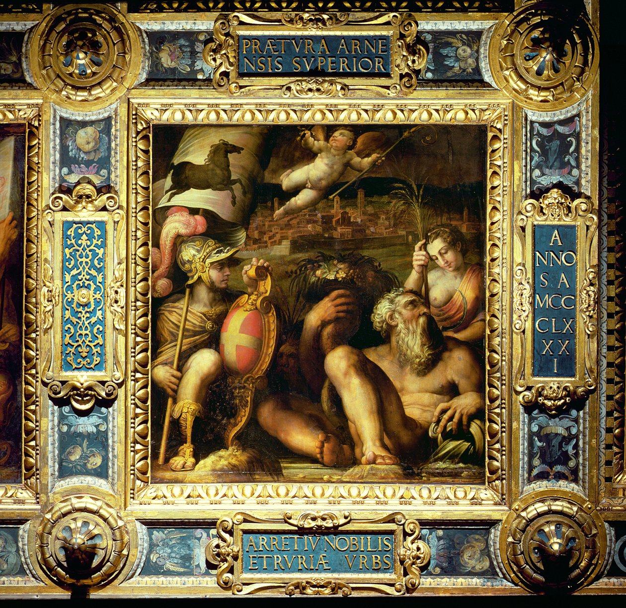 Giorgio Vasari, "Allegoria della città di Arezzo" , Firenze, Palazzo Vecchio, Salone dei Cinquecento, 1563-1565, pannello entro cornice lignea. 